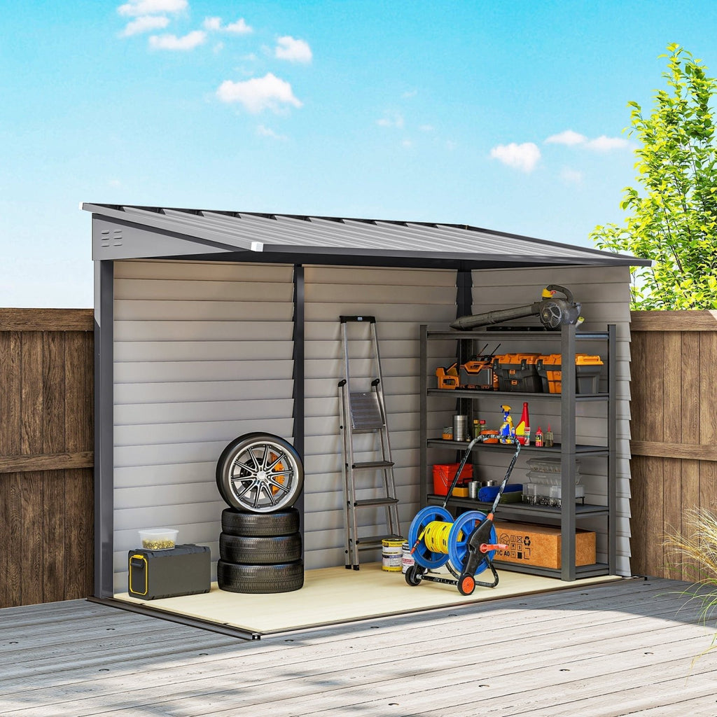 Outsunny 5 x 9ft Galvanised Metal Garden Shed with Foundation Kit, Outdoor Lean-to Shed, Tool Storage House with Lockable Doors, Gloves and 2 Air Vents for Patio, Garden, Grey - SGP Garden Ltd