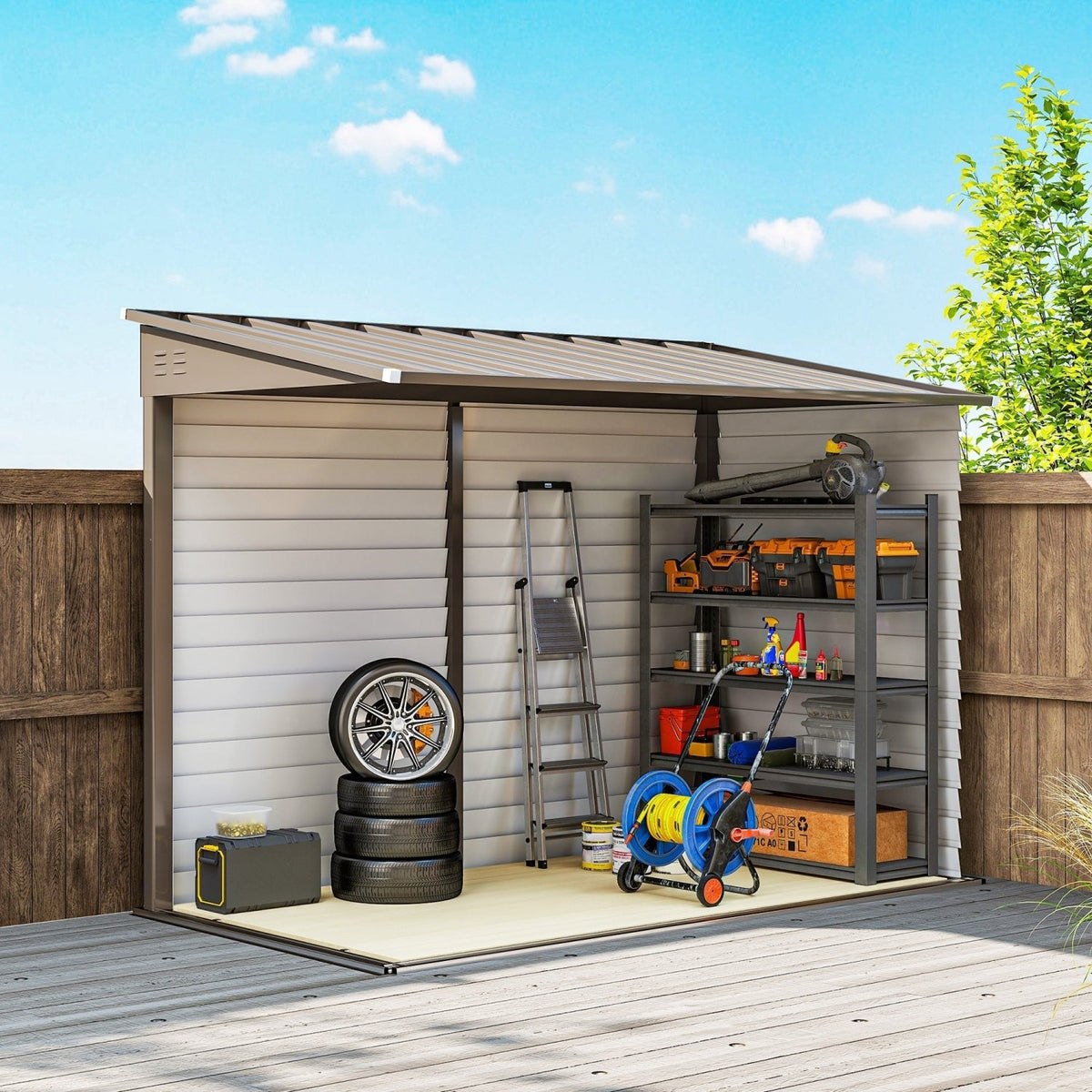 Outsunny 5 x 9ft Galvanised Metal Garden Shed with Foundation Kit, Outdoor Lean-to Shed, Tool Storage House with Lockable Doors, Gloves and 2 Air Vents for Patio, Garden, Brown - SGP Garden Ltd