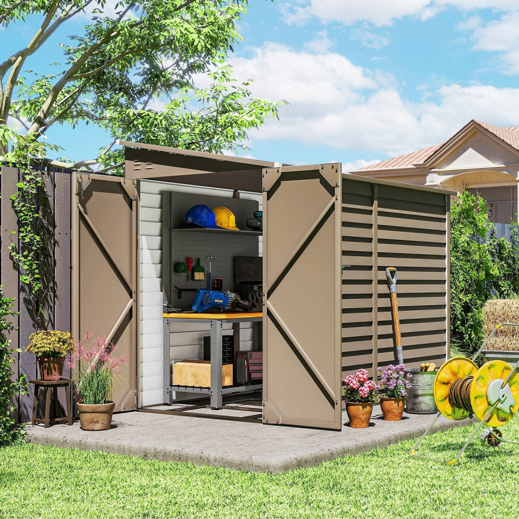 Outsunny 5 x 9ft Galvanised Metal Garden Shed with Foundation Kit, Outdoor Lean-to Shed, Tool Storage House with Lockable Doors, Gloves and 2 Air Vents for Patio, Garden, Brown - SGP Garden Ltd