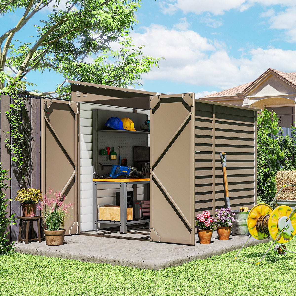 Outsunny 5 x 9ft Galvanised Metal Garden Shed with Foundation Kit, Outdoor Lean-to Shed, Tool Storage House with Lockable Doors, Gloves and 2 Air Vents for Patio, Garden, Brown - SGP Garden Ltd