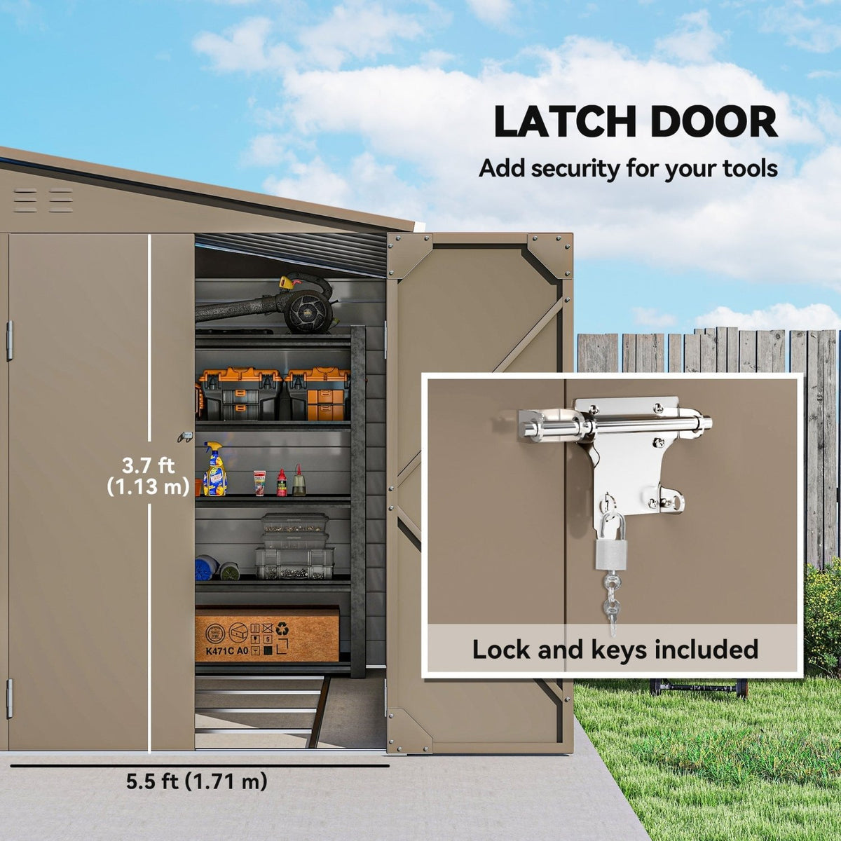 Outsunny 5 x 9ft Galvanised Metal Garden Shed with Foundation Kit, Outdoor Lean-to Shed, Tool Storage House with Lockable Doors, Gloves and 2 Air Vents for Patio, Garden, Brown - SGP Garden Ltd