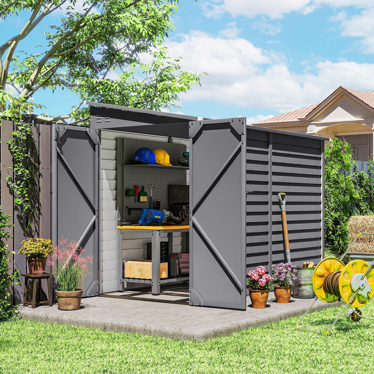 Outsunny 5 x 9ft Galvanised Metal Garden Shed with Foundation Kit, Outdoor Lean-to Shed, Tool Storage House with Lockable Doors, Gloves and 2 Air Vents for Patio, Garden, Grey - SGP Garden Ltd