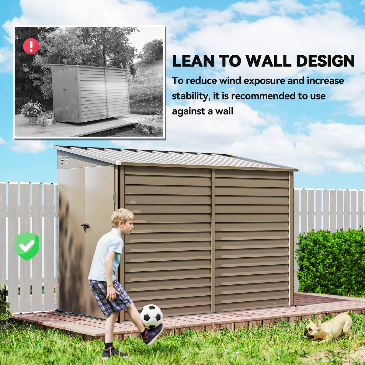 Outsunny 5 x 9ft Galvanised Metal Garden Shed with Foundation Kit, Outdoor Lean-to Shed, Tool Storage House with Lockable Doors, Gloves and 2 Air Vents for Patio, Garden, Brown - SGP Garden Ltd