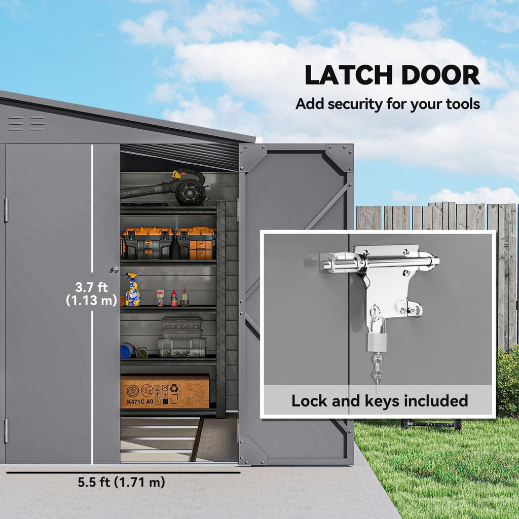 Outsunny 5 x 9ft Galvanised Metal Garden Shed with Foundation Kit, Outdoor Lean-to Shed, Tool Storage House with Lockable Doors, Gloves and 2 Air Vents for Patio, Garden, Grey - SGP Garden Ltd
