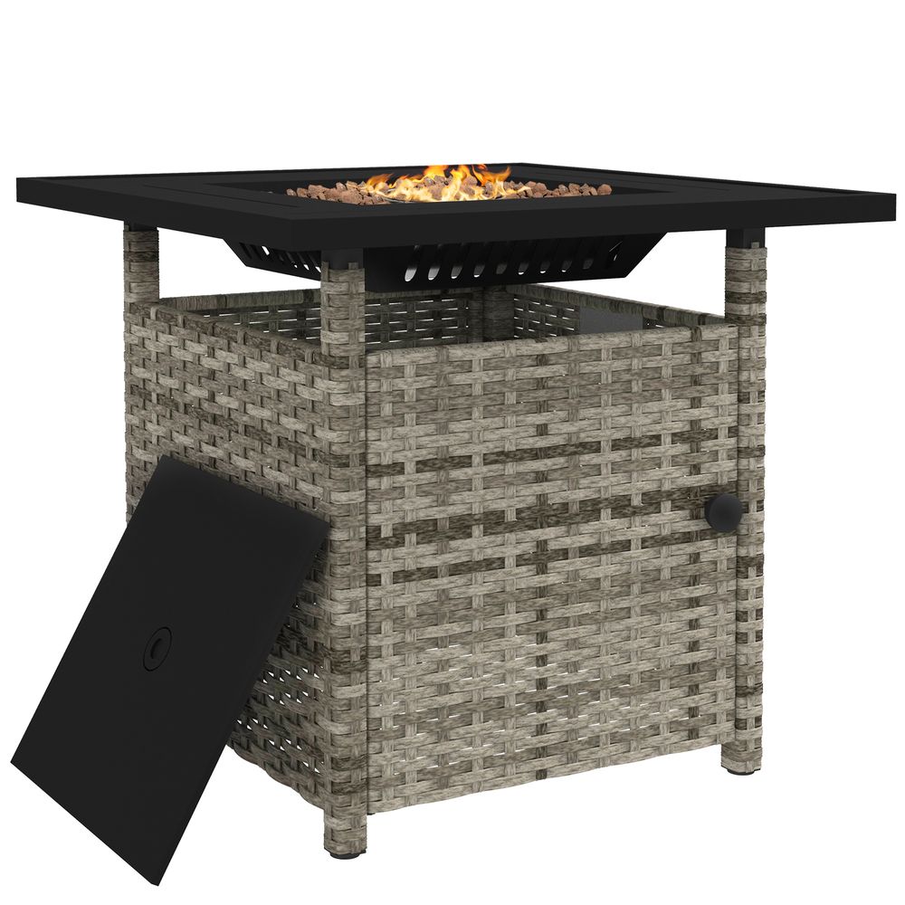 Outsunny 50,000 BTU Rattan Fire Pit Table - Grey, Garden Propane Pit - Electric Ignition, Adjustable Heat - SGP Garden Ltd