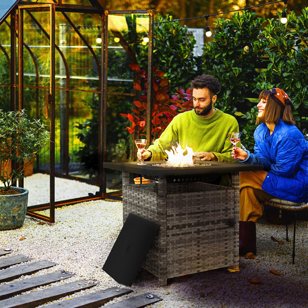 Outsunny 50,000 BTU Rattan Fire Pit Table - Grey, Garden Propane Pit - Electric Ignition, Adjustable Heat - SGP Garden Ltd