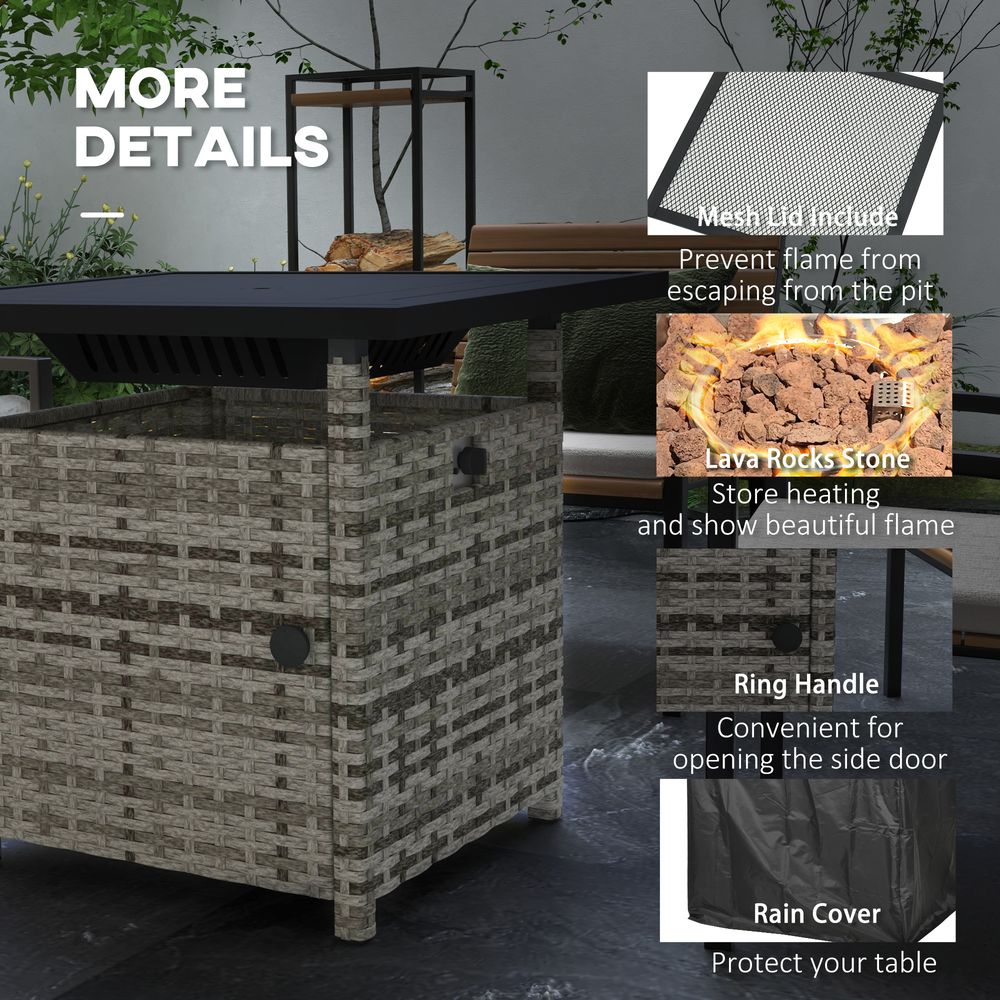 Outsunny 50,000 BTU Rattan Fire Pit Table - Grey, Garden Propane Pit - Electric Ignition, Adjustable Heat - SGP Garden Ltd