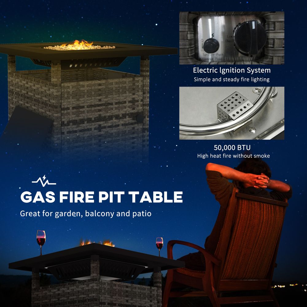 Outsunny 50,000 BTU Rattan Fire Pit Table - Grey, Garden Propane Pit - Electric Ignition, Adjustable Heat - SGP Garden Ltd