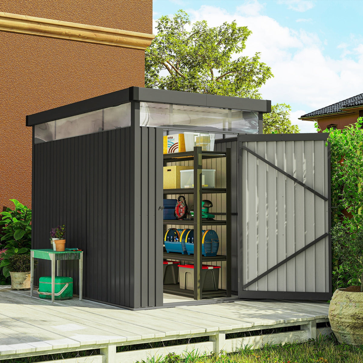 Outsunny 5.3 x 8.5ft Galvanised Steel Garden Shed, Metal Shed with Roof Windows, Leakage Holes and Lockable Wide Door for Outdoor Patio Tool Storage - SGP Garden Ltd