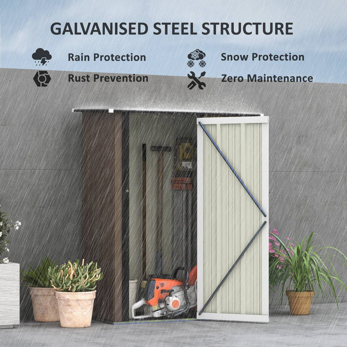 Outsunny 5ft x 3ft Metal Garden Storage Shed, Outdoor Tool Shed with Sloped Roof, Lockable Door for Tools, Equipment, Brown - SGP Garden Ltd