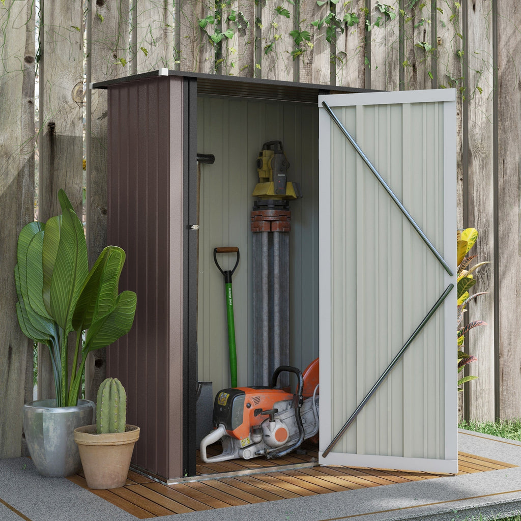 Outsunny 5ft x 3ft Metal Garden Storage Shed, Outdoor Tool Shed with Sloped Roof, Lockable Door for Tools, Equipment, Brown - SGP Garden Ltd