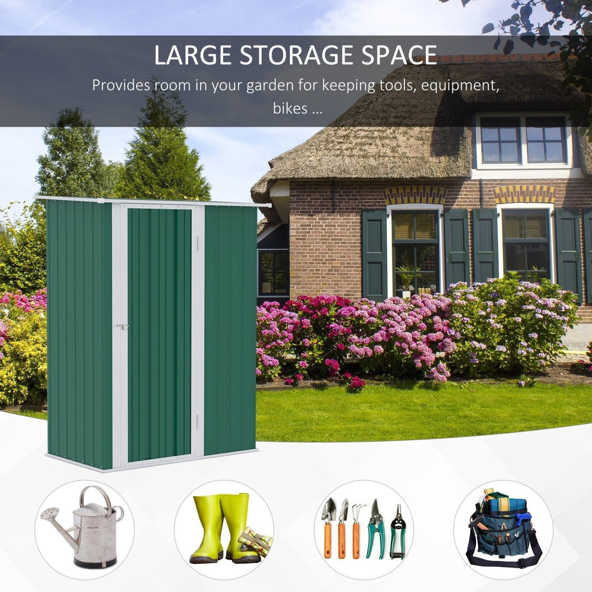 Outsunny 5ft x 3ft Metal Garden Storage Shed, Outdoor Tool Shed with Sloped Roof, Lockable Door for Tools, Equipment, Green - SGP Garden Ltd