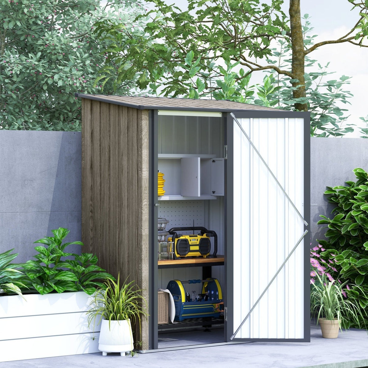 Outsunny 5ft x 3ft Metal Garden Storage Shed, Outdoor Tool Shed with Sloped Roof, Lockable Door for Tools, Equipment, Light Grey - SGP Garden Ltd