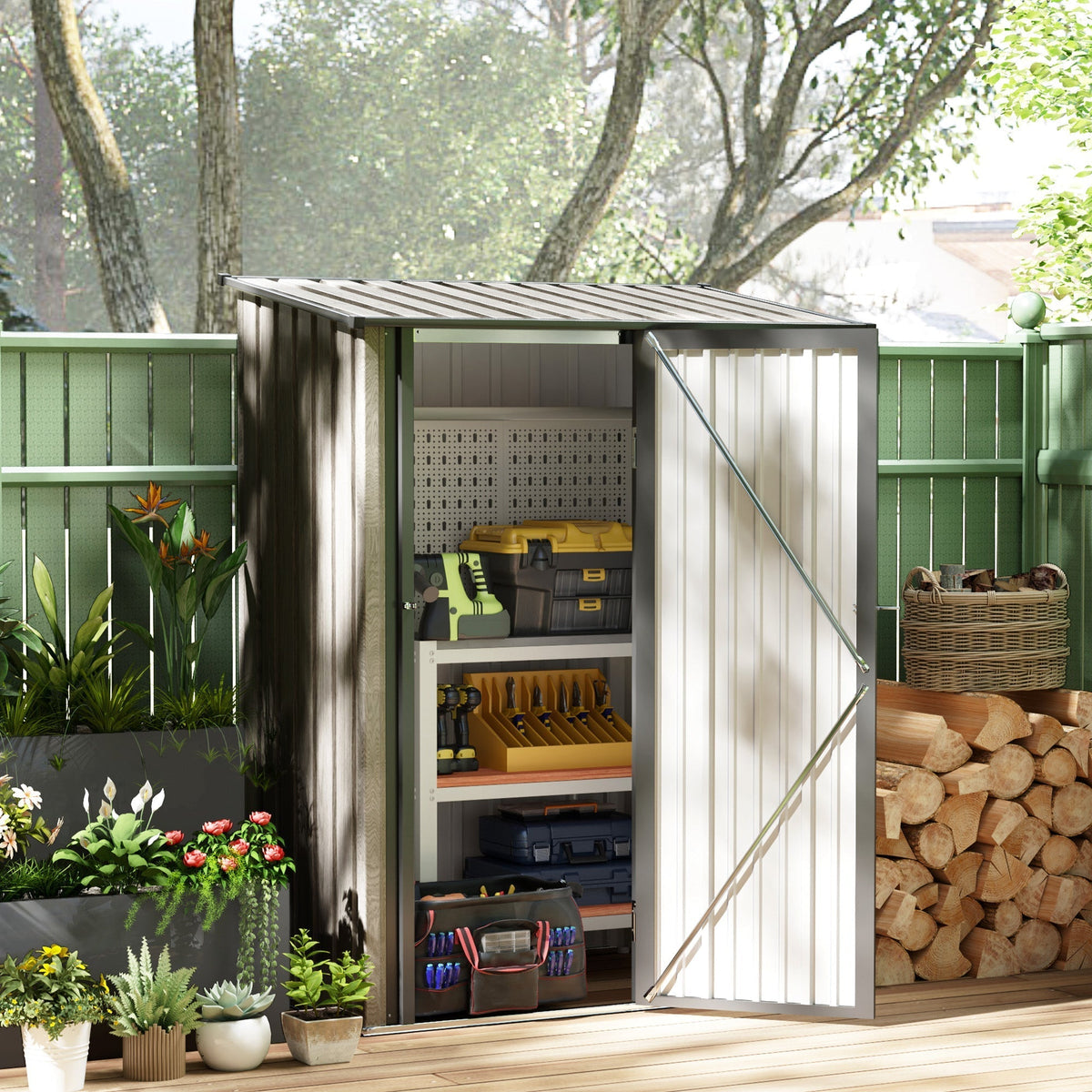 Outsunny 5ft x 3ft Metal Garden Storage Shed, Outdoor Tool Shed with Sloped Roof, Lockable Door for Tools, Equipment, Light Grey - SGP Garden Ltd