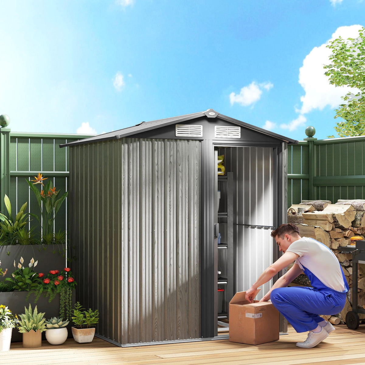 Outsunny 5ft x 4.3ft Outdoor Garden Storage Shed - Grey Wood Effect - SGP Garden Ltd