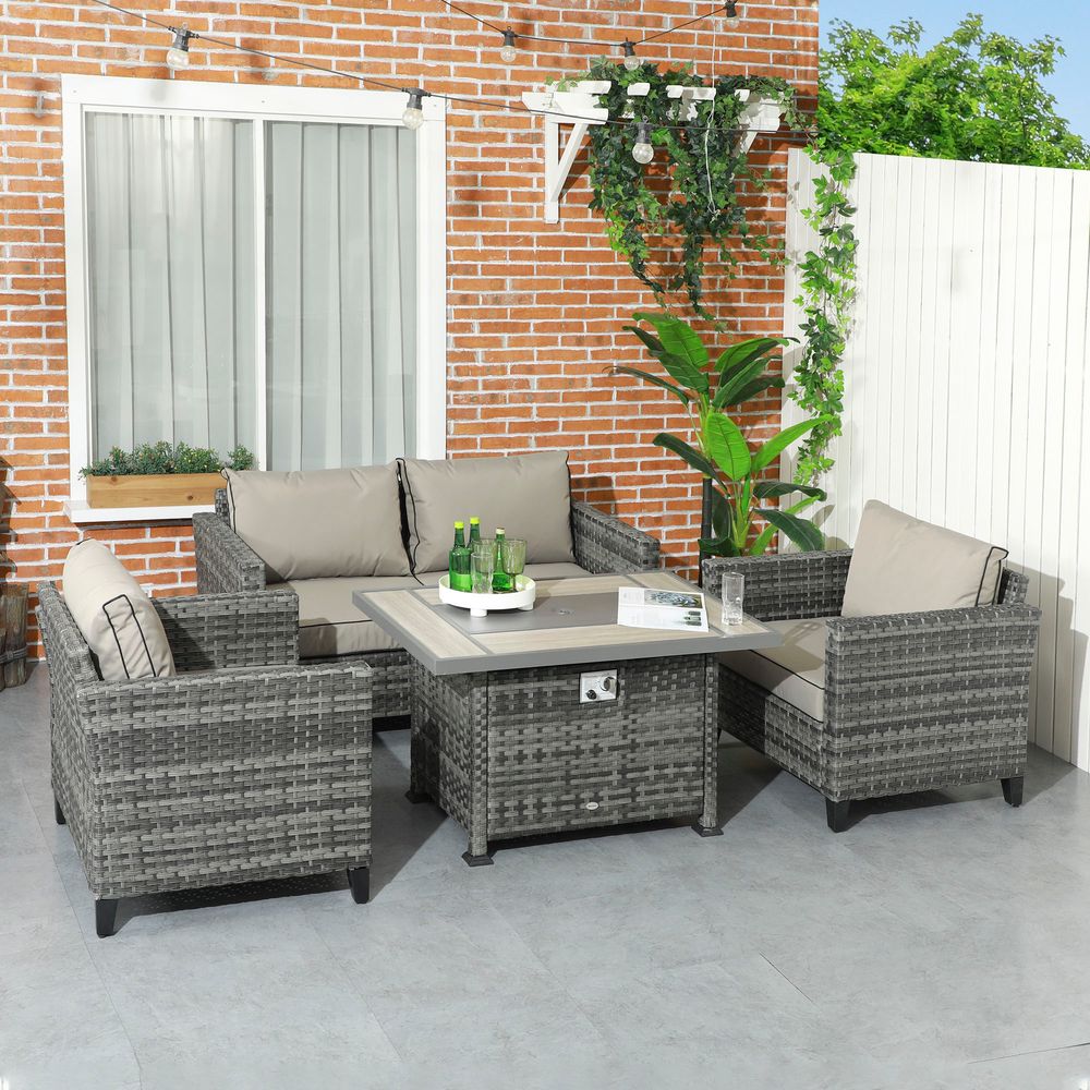 Outsunny 5PC Rattan Garden Set with Gas Fire Pit Table - SGP Garden Ltd