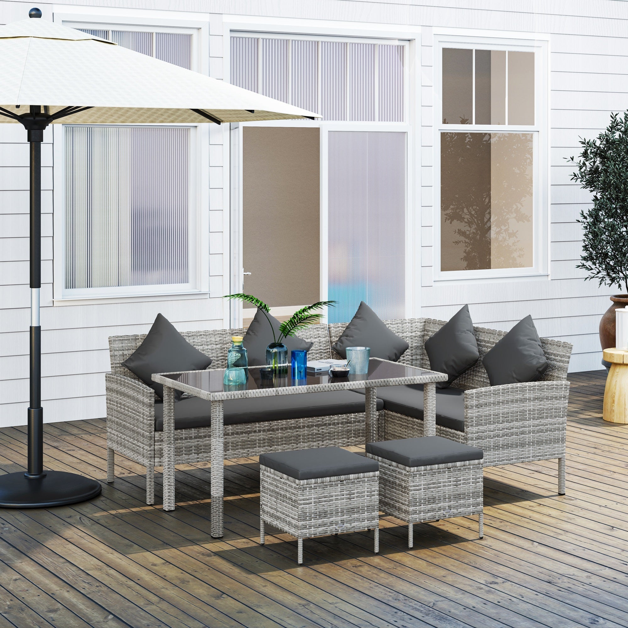 Outsunny 5Pcs Rattan Dining Corner Sofa Set, Garden Furniture Set, Dark Grey - SGP Garden Ltd