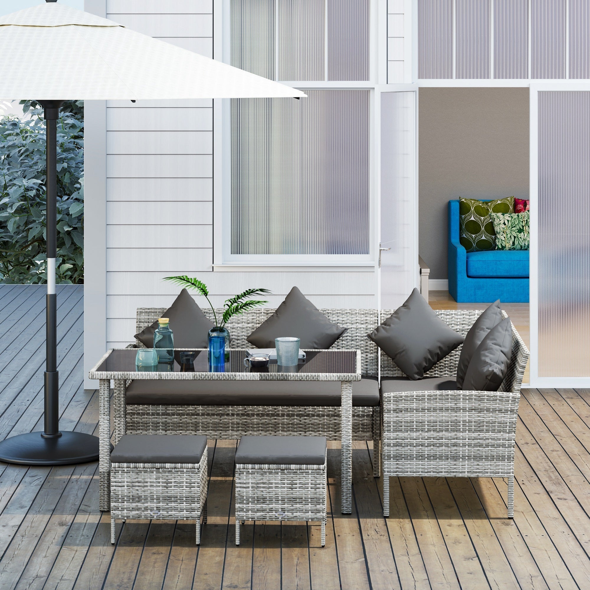 Outsunny 5Pcs Rattan Dining Corner Sofa Set, Garden Furniture Set, Dark Grey - SGP Garden Ltd