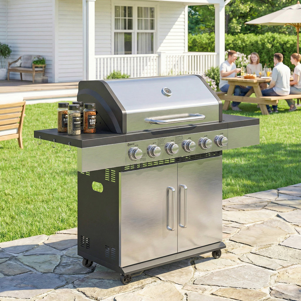 Outsunny 6 Burner Liquid Propane Gas BBQ Grill, Outdoor Portable Gas Barbecue Grill with Warming Rack, Side Tables, Cabinet - SGP Garden Ltd