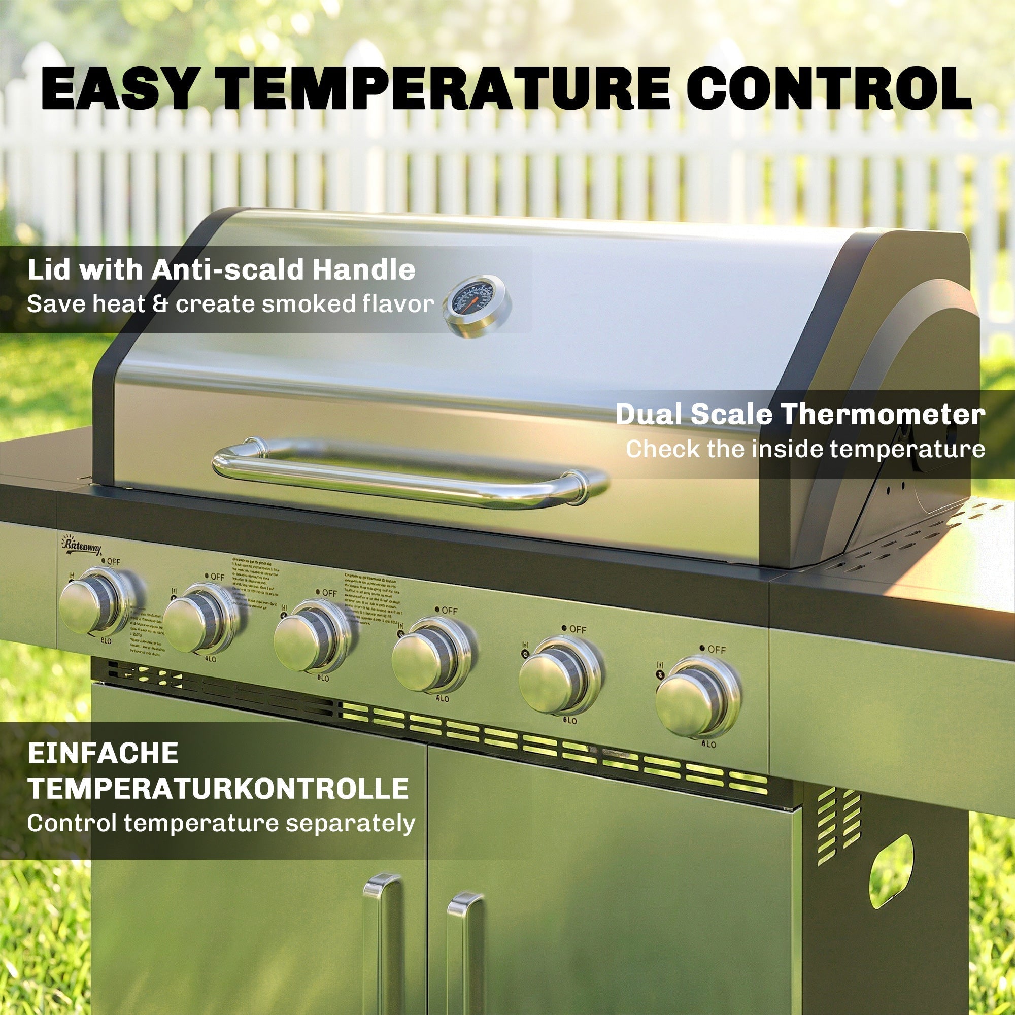 Outsunny 6 Burner Liquid Propane Gas BBQ Grill, Outdoor Portable Gas Barbecue Grill with Warming Rack, Side Tables, Cabinet - SGP Garden Ltd