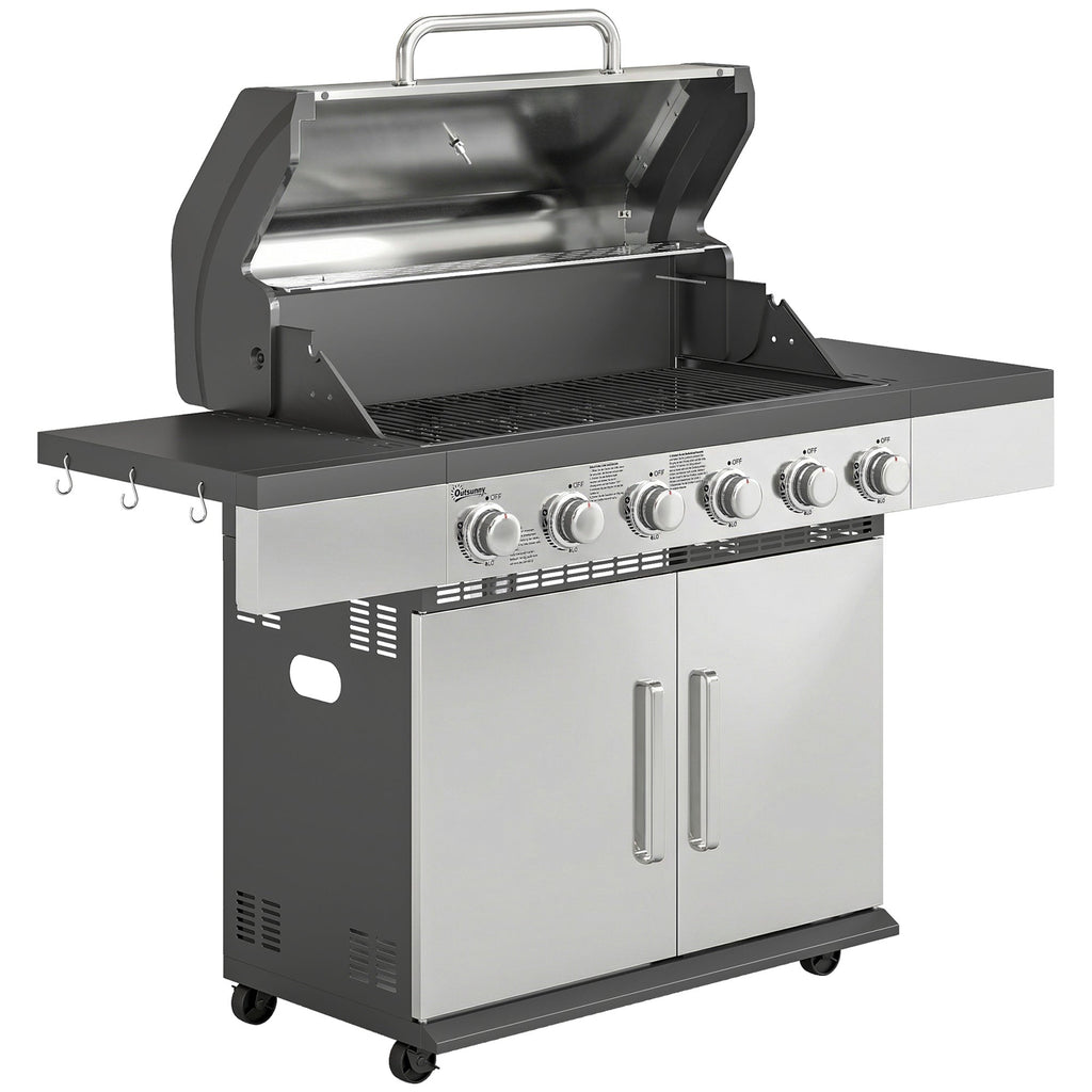 Outsunny 6 Burner Liquid Propane Gas BBQ Grill, Outdoor Portable Gas Barbecue Grill with Warming Rack, Side Tables, Cabinet - SGP Garden Ltd