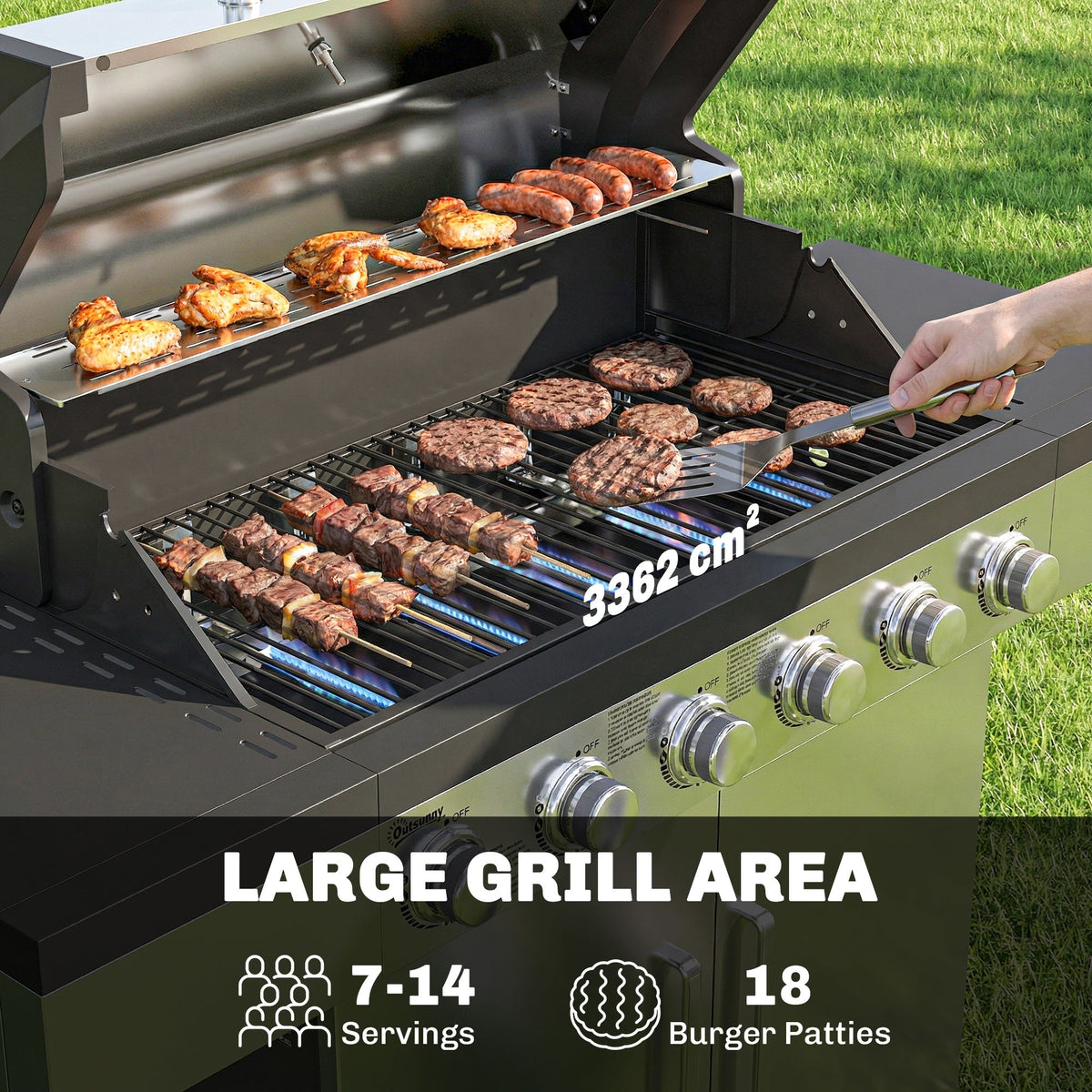 Outsunny 6 Burner Liquid Propane Gas BBQ Grill, Outdoor Portable Gas Barbecue Grill with Warming Rack, Side Tables, Cabinet - SGP Garden Ltd