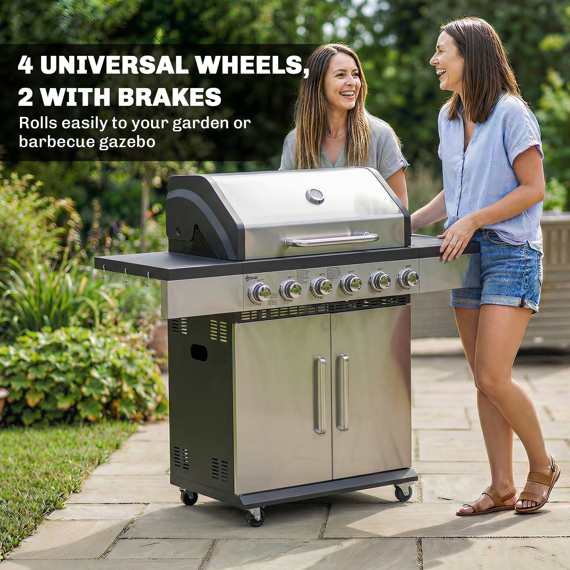 Outsunny 6 Burner Liquid Propane Gas BBQ Grill, Outdoor Portable Gas Barbecue Grill with Warming Rack, Side Tables, Cabinet - SGP Garden Ltd