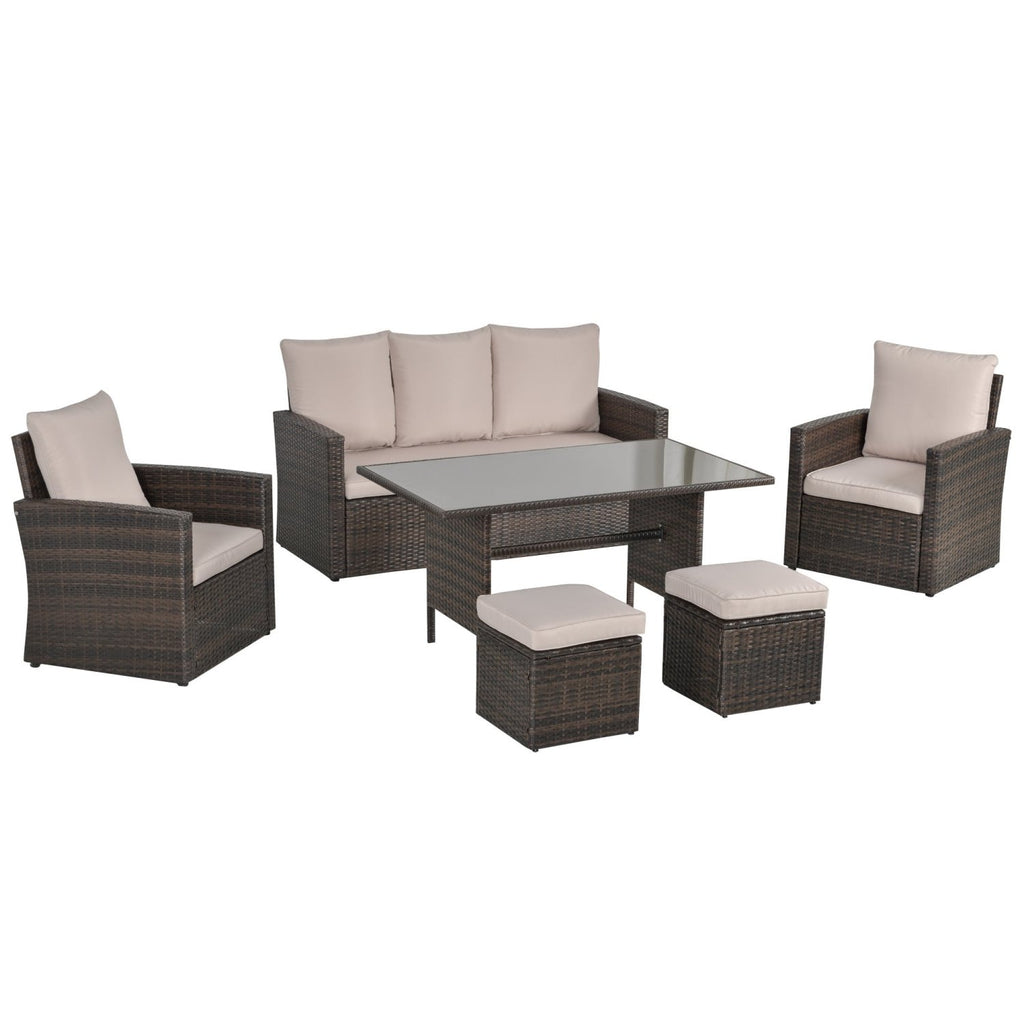 Outsunny 6 Pieces Outdoor PE Rattan Garden Furniture Set with Three-seat, Armchairs and Footstools, - SGP Garden Ltd