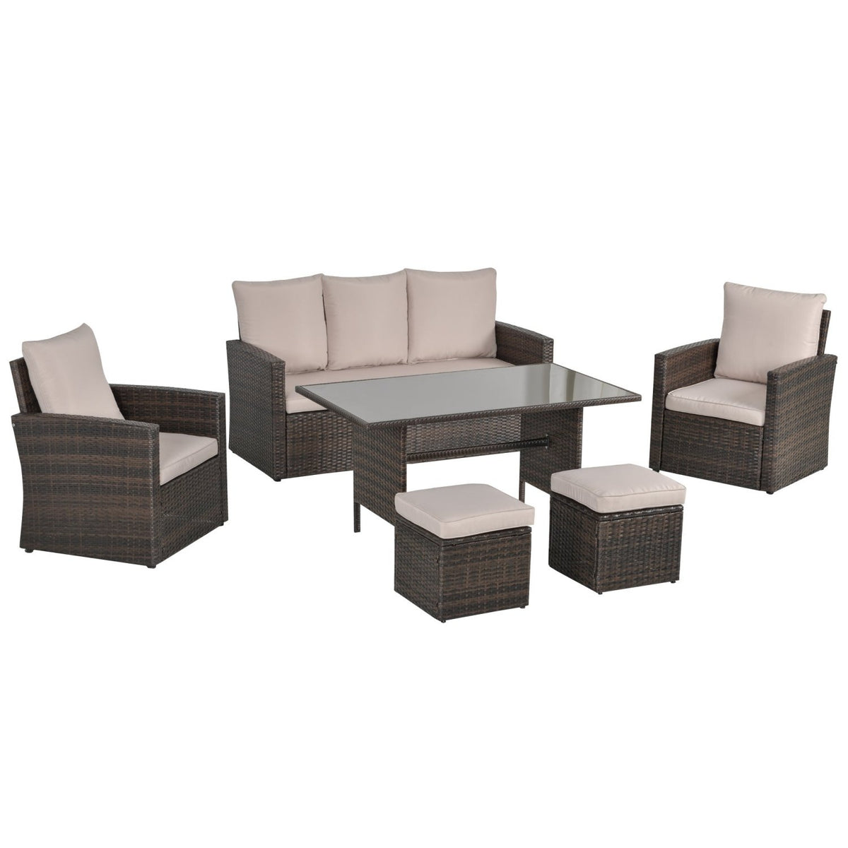 Outsunny 6 Pieces Outdoor PE Rattan Garden Furniture Set with Three-seat, Armchairs and Footstools, - SGP Garden Ltd