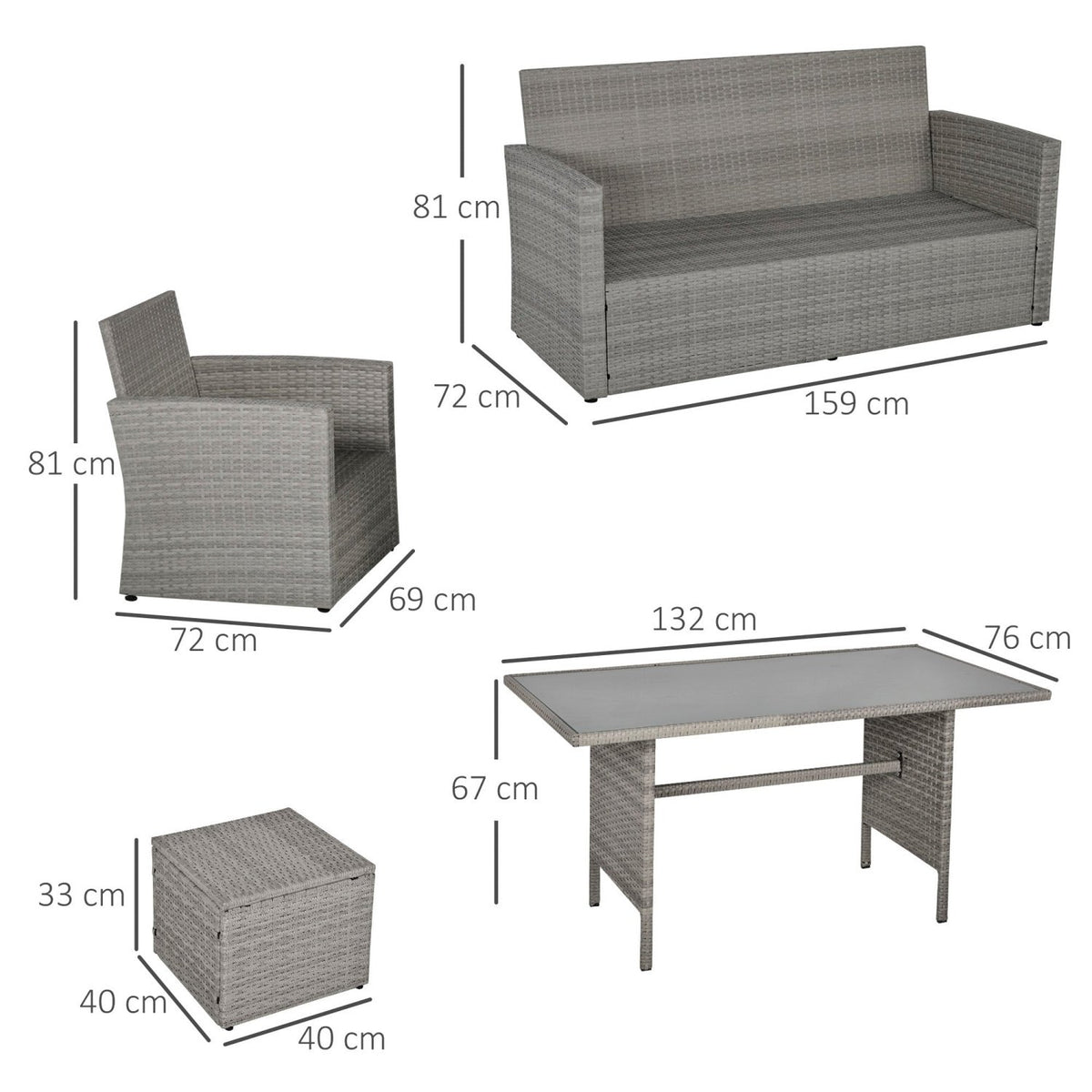 Outsunny 6 Pieces Outdoor PE Rattan Garden Furniture Set with Three-seat, Armchairs and Footstools,  - SGP Garden Ltd