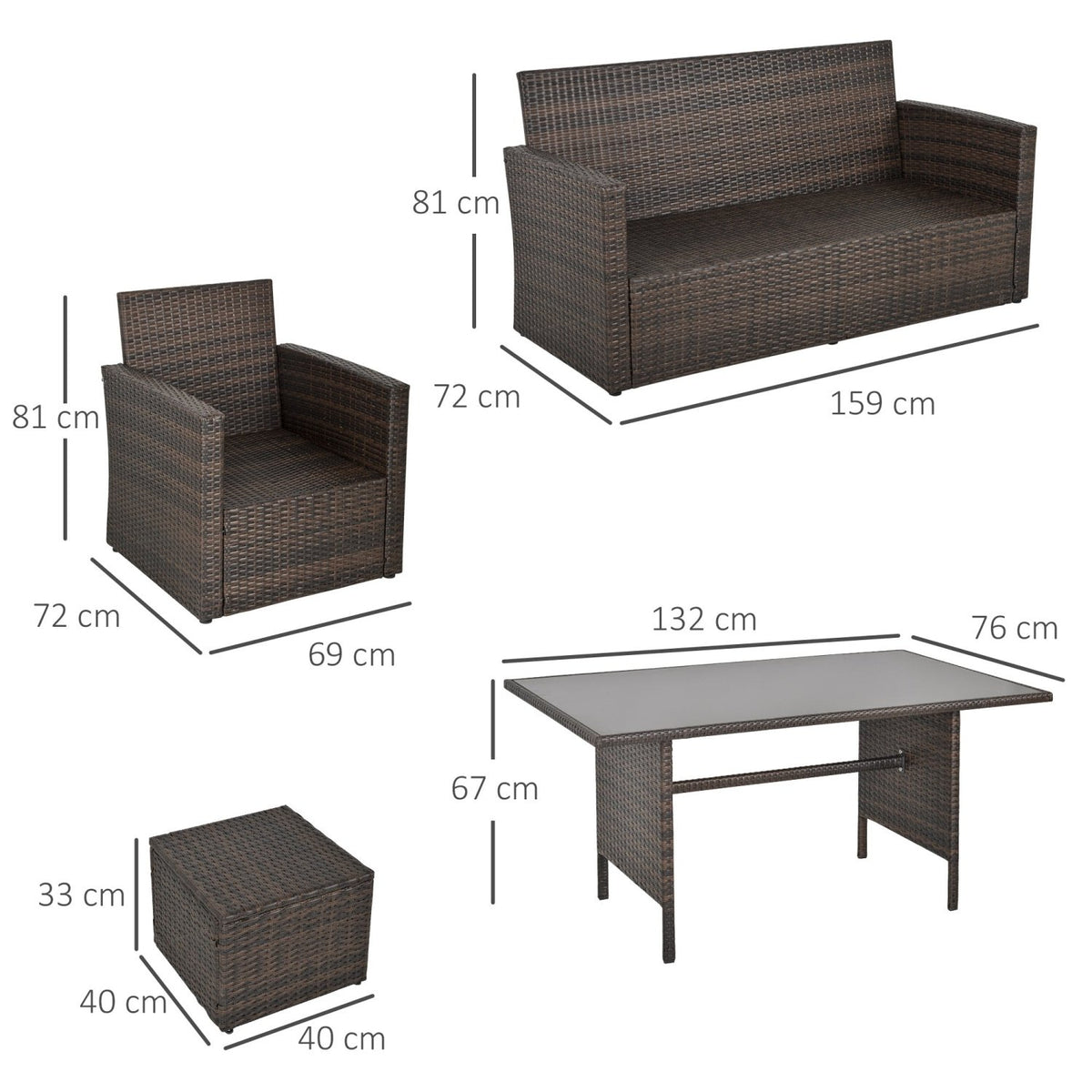 Outsunny 6 Pieces Outdoor PE Rattan Garden Furniture Set with Three-seat, Armchairs and Footstools, - SGP Garden Ltd