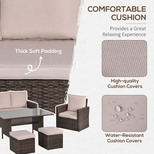 Outsunny 6 Pieces Outdoor PE Rattan Garden Furniture Set with Three-seat, Armchairs and Footstools, - SGP Garden Ltd