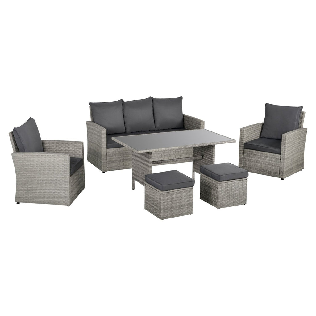 Outsunny 6 Pieces Outdoor PE Rattan Garden Furniture Set with Three-seat, Armchairs and Footstools,  - SGP Garden Ltd