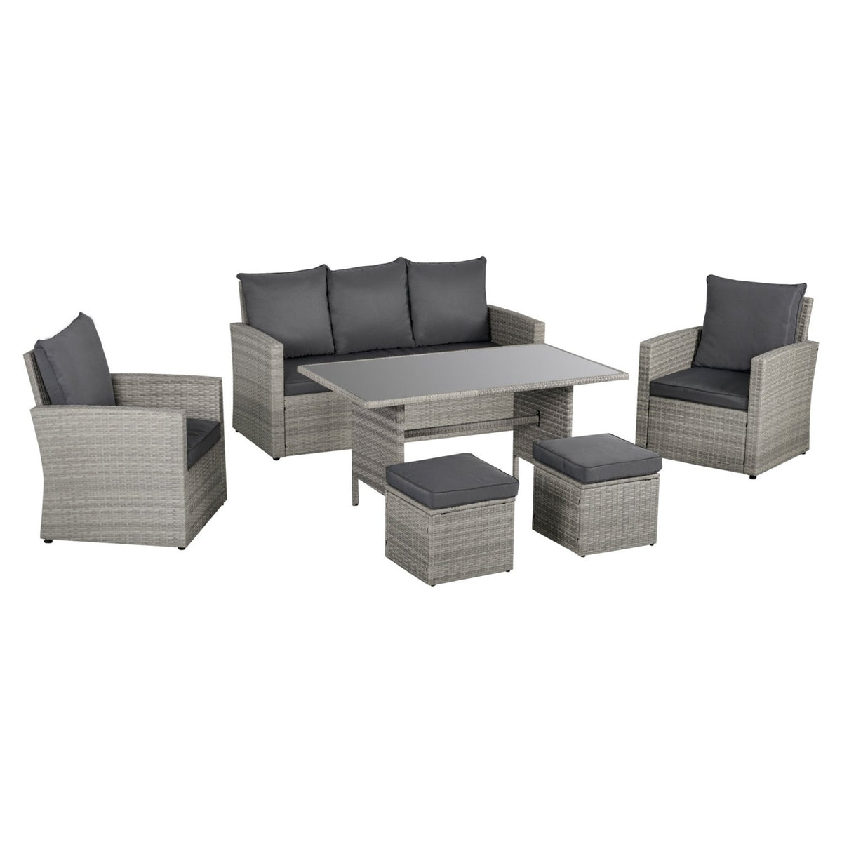 Outsunny 6 Pieces Outdoor PE Rattan Garden Furniture Set with Three-seat, Armchairs and Footstools,  - SGP Garden Ltd