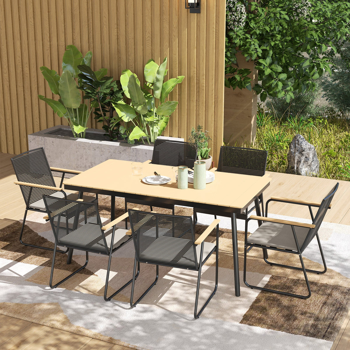 Outsunny 6 Seater Garden Dining Set with Cushions Rattan Backrest - SGP Garden Ltd