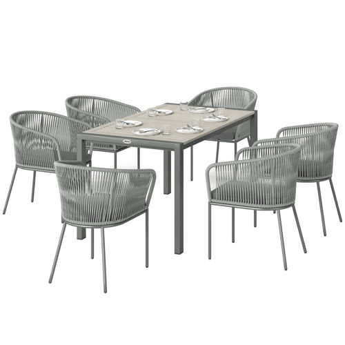 Outsunny 6 Seater Rattan Dining Set with Acacia Wood Table Top Seat Cushions - SGP Garden Ltd