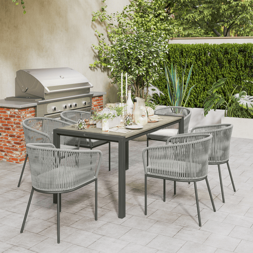 Outsunny 6 Seater Rattan Dining Set with Acacia Wood Table Top Seat Cushions - SGP Garden Ltd