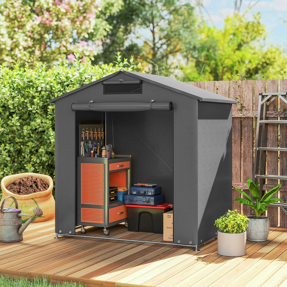 Outsunny 6 x 4 ft Outdoor Garden Storage Shed, Waterproof Bike Tent with Vent and Roll-Up Zipper Door - SGP Garden Ltd