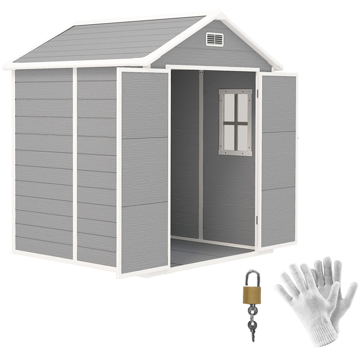 Outsunny 6 x 5ft Garden Shed, Plastic Shed with Floor, Window, Lockable Doors and Vents, Wood Effect Resin Tool Shed for Outdoor Patio, Dark Grey - SGP Garden Ltd