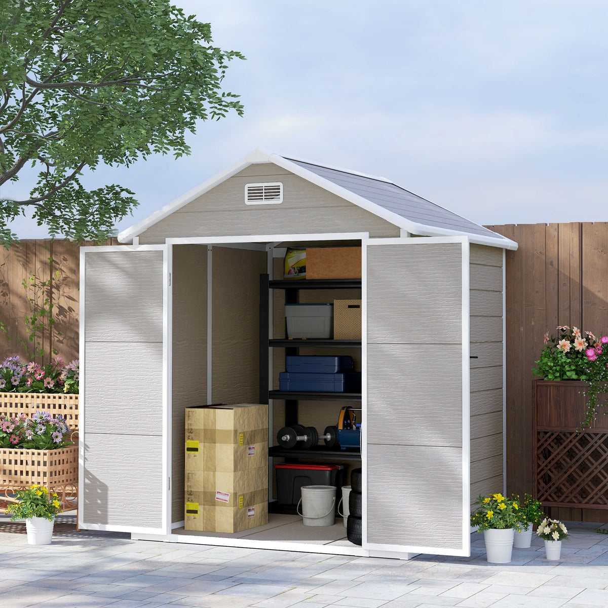 Outsunny 6 x 5ft Garden Shed, Plastic Shed with Floor, Window, Lockable Doors and Vents, Wood Effect Resin Tool Shed for Outdoor Patio, Dark Grey - SGP Garden Ltd