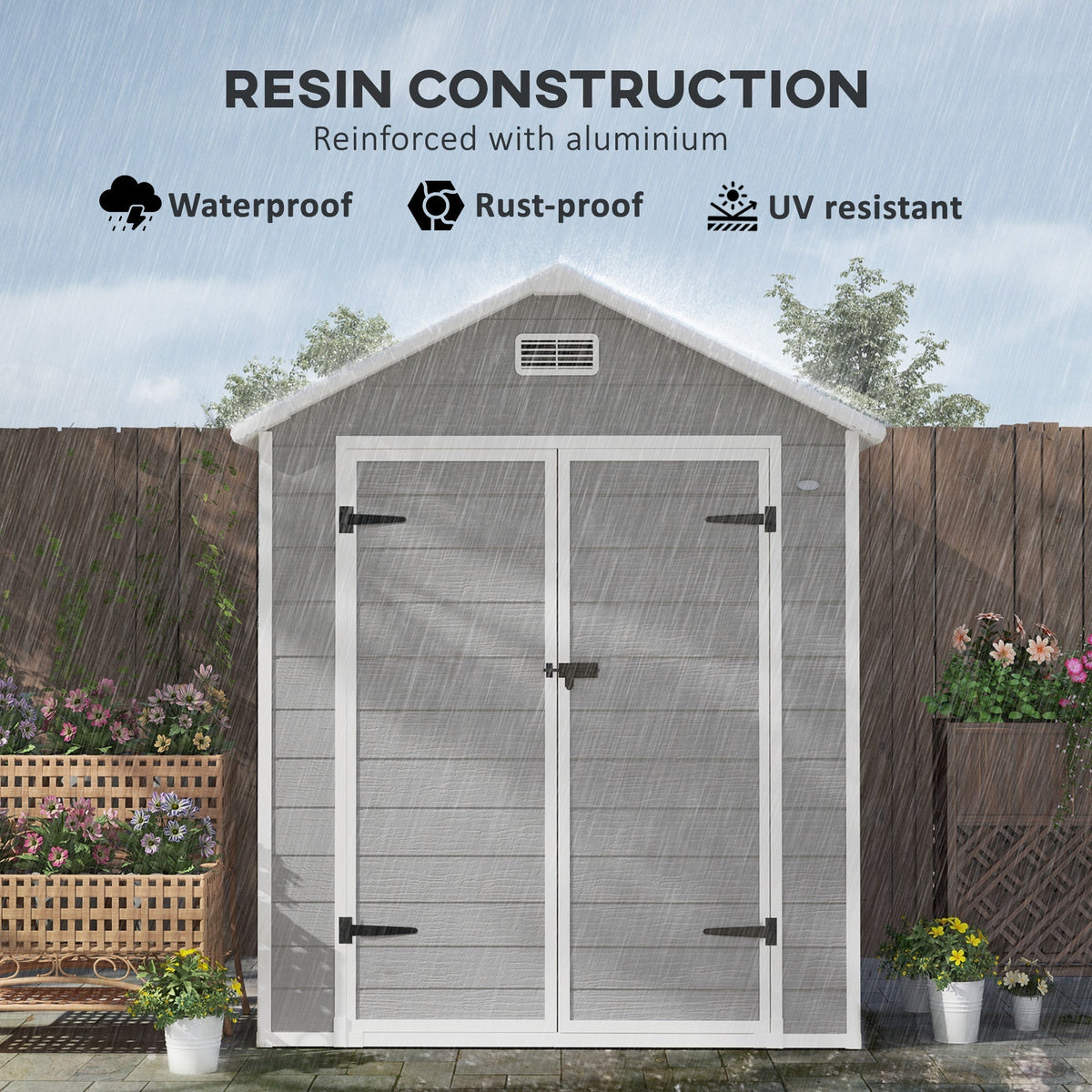 Outsunny 6 x 5ft Garden Shed, Plastic Shed with Floor, Window, Lockable Doors and Vents, Wood Effect Resin Tool Shed for Outdoor Patio, Dark Grey - SGP Garden Ltd
