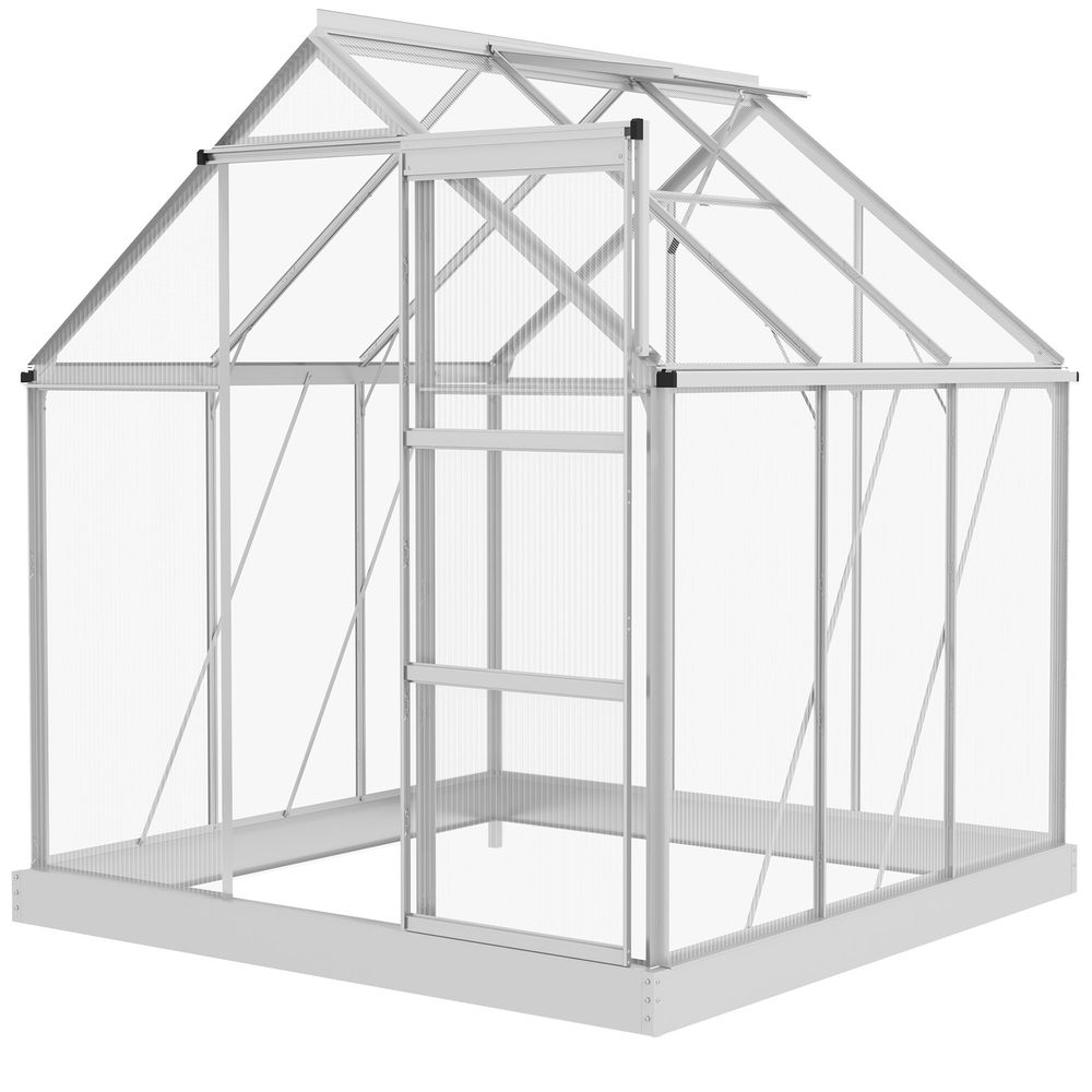 Outsunny 6 x 6ft Walk-In Polycarbonate Greenhouse with Foundation Window Silver - SGP Garden Ltd