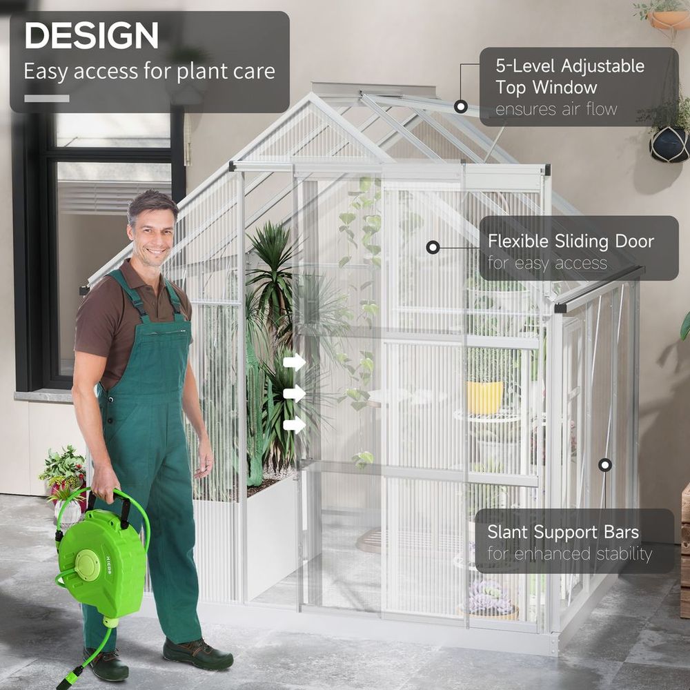 Outsunny 6 x 6ft Walk-In Polycarbonate Greenhouse with Foundation Window Silver - SGP Garden Ltd