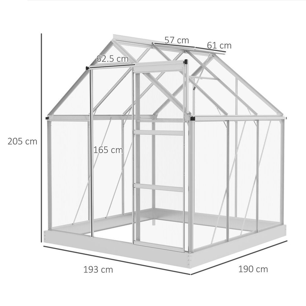 Outsunny 6 x 6ft Walk-In Polycarbonate Greenhouse with Foundation Window Silver - SGP Garden Ltd
