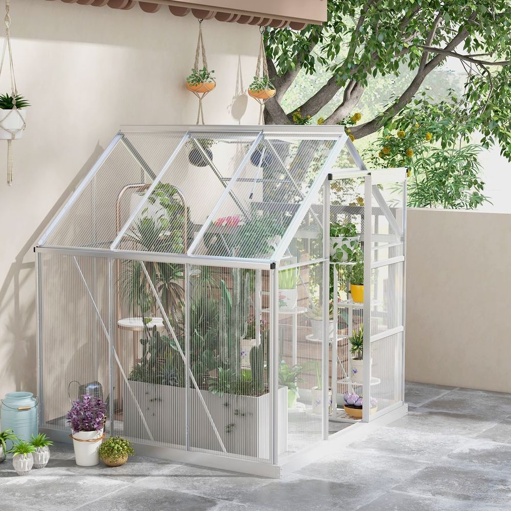 Outsunny 6 x 6ft Walk-In Polycarbonate Greenhouse with Foundation Window Silver - SGP Garden Ltd