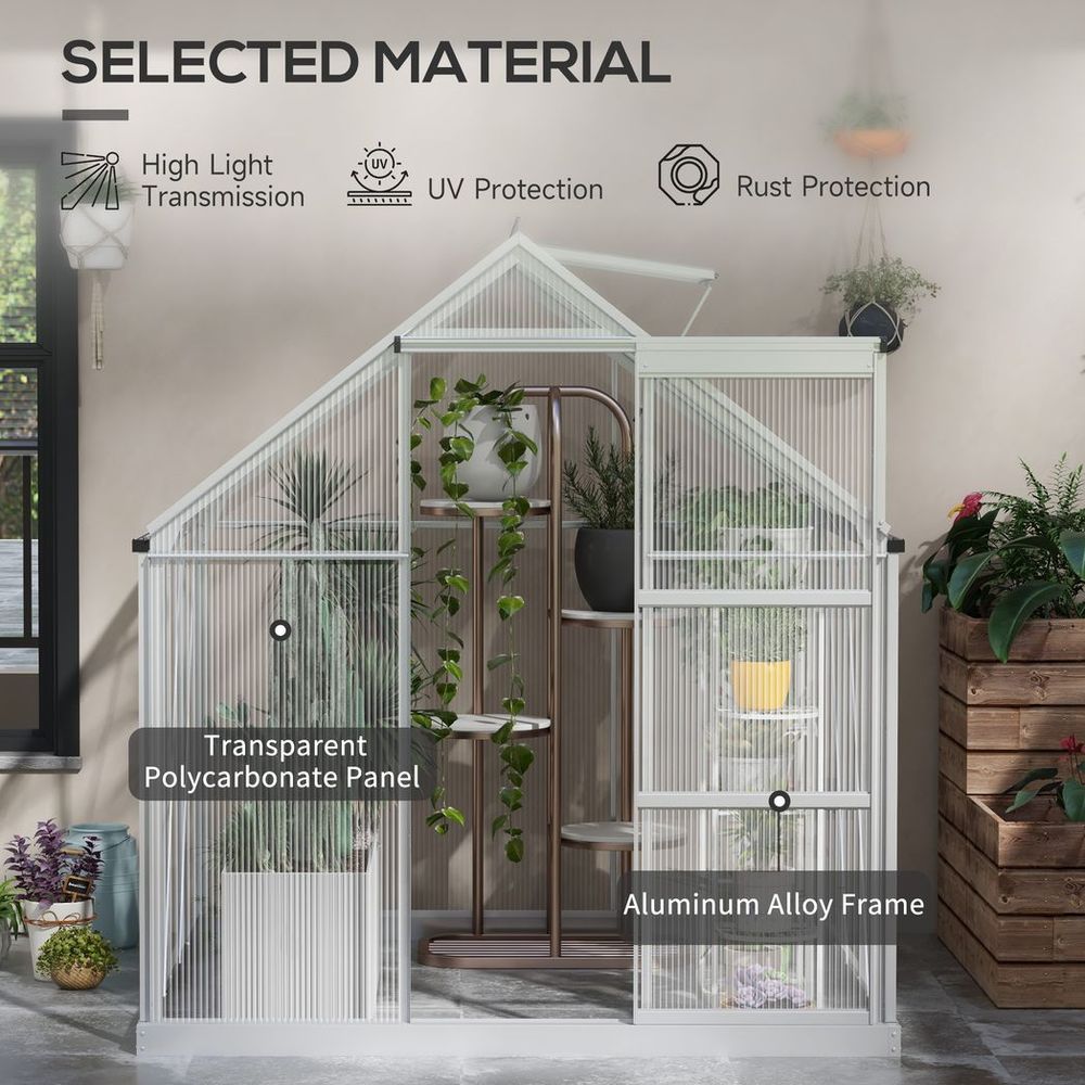 Outsunny 6 x 6ft Walk-In Polycarbonate Greenhouse with Foundation Window Silver - SGP Garden Ltd