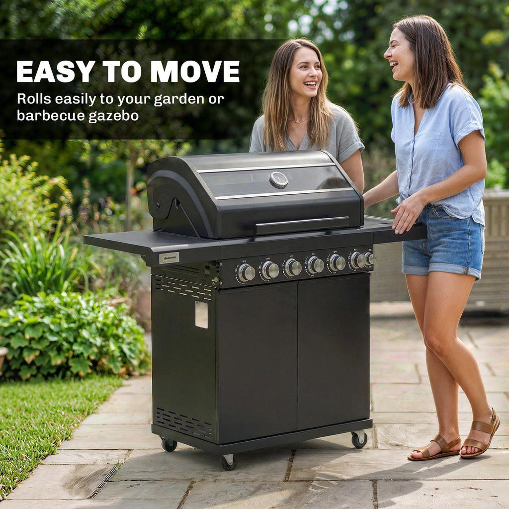 Outsunny 6+1 Burner Gas BBQ Grill, Outdoor Barbecue Trolley with Wheels, Warming Rack, Thermometer, Bottle Opener, Black - SGP Garden Ltd