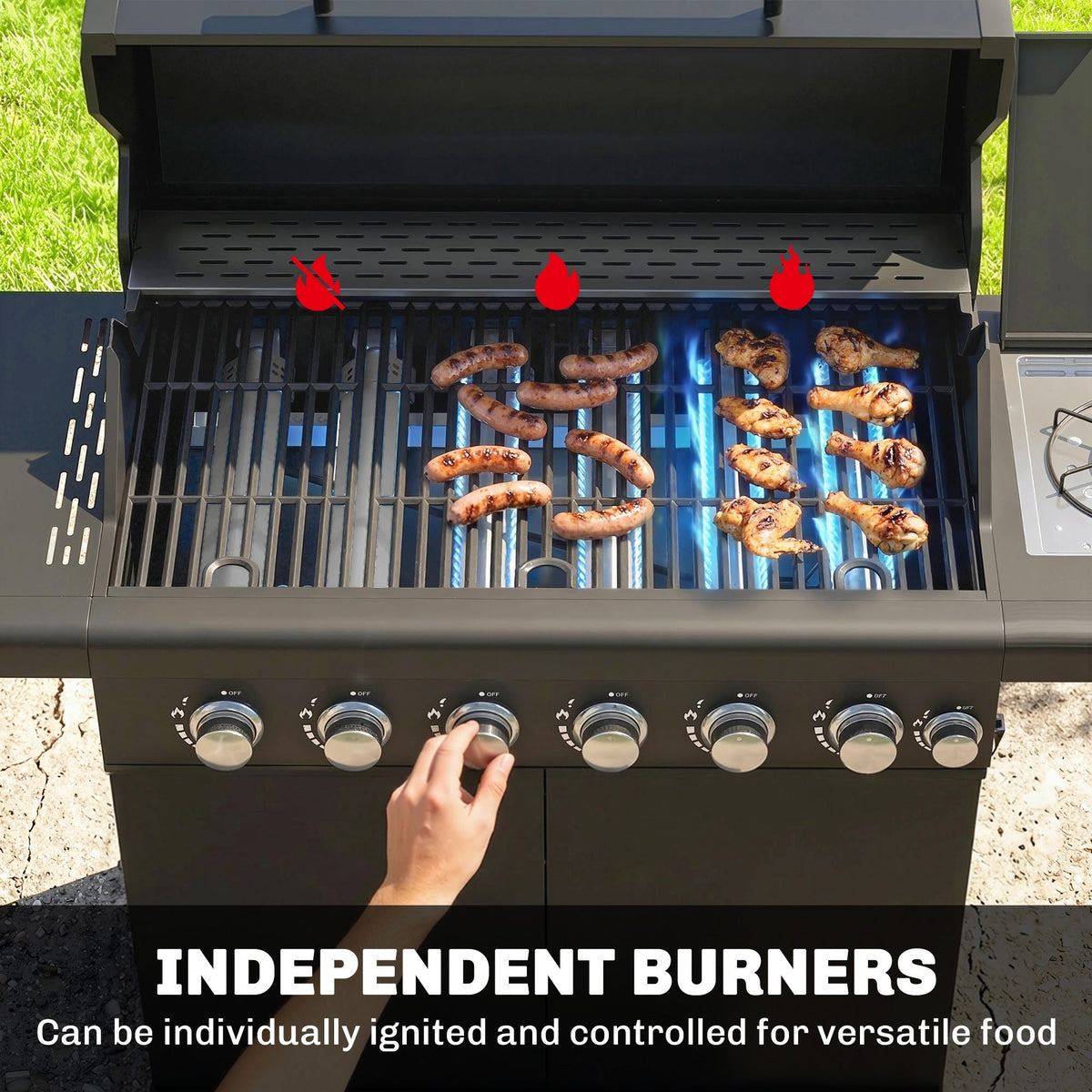 Outsunny 6+1 Burner Gas BBQ Grill, Outdoor Barbecue Trolley with Wheels, Warming Rack, Thermometer, Bottle Opener, Black - SGP Garden Ltd
