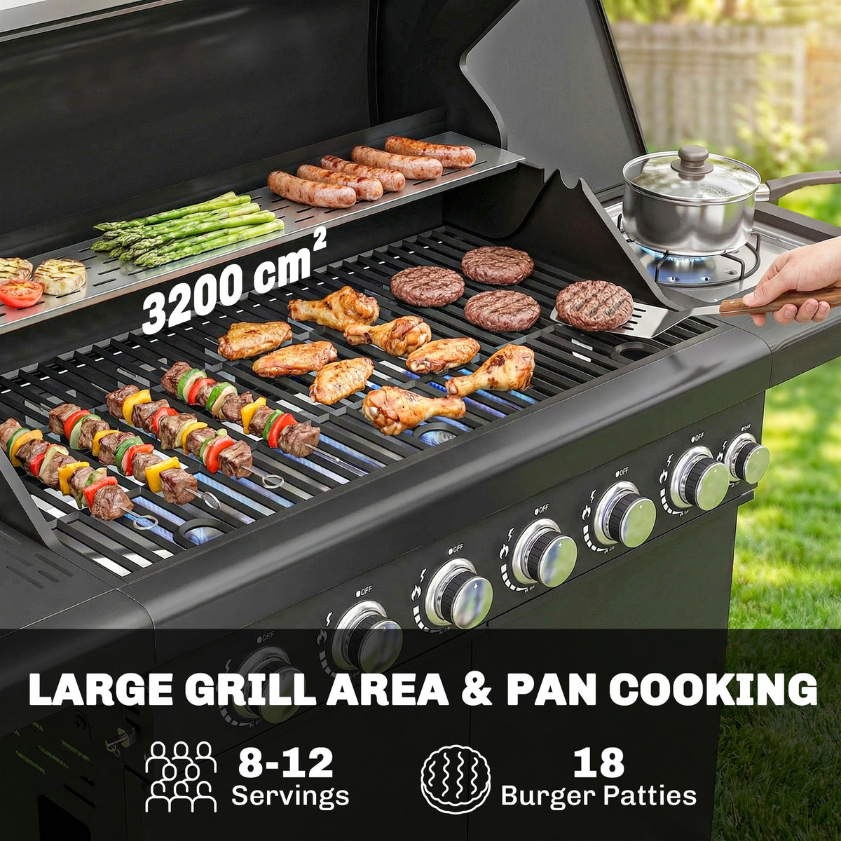 Outsunny 6+1 Burner Gas BBQ Grill, Outdoor Barbecue Trolley with Wheels, Warming Rack, Thermometer, Bottle Opener, Black - SGP Garden Ltd