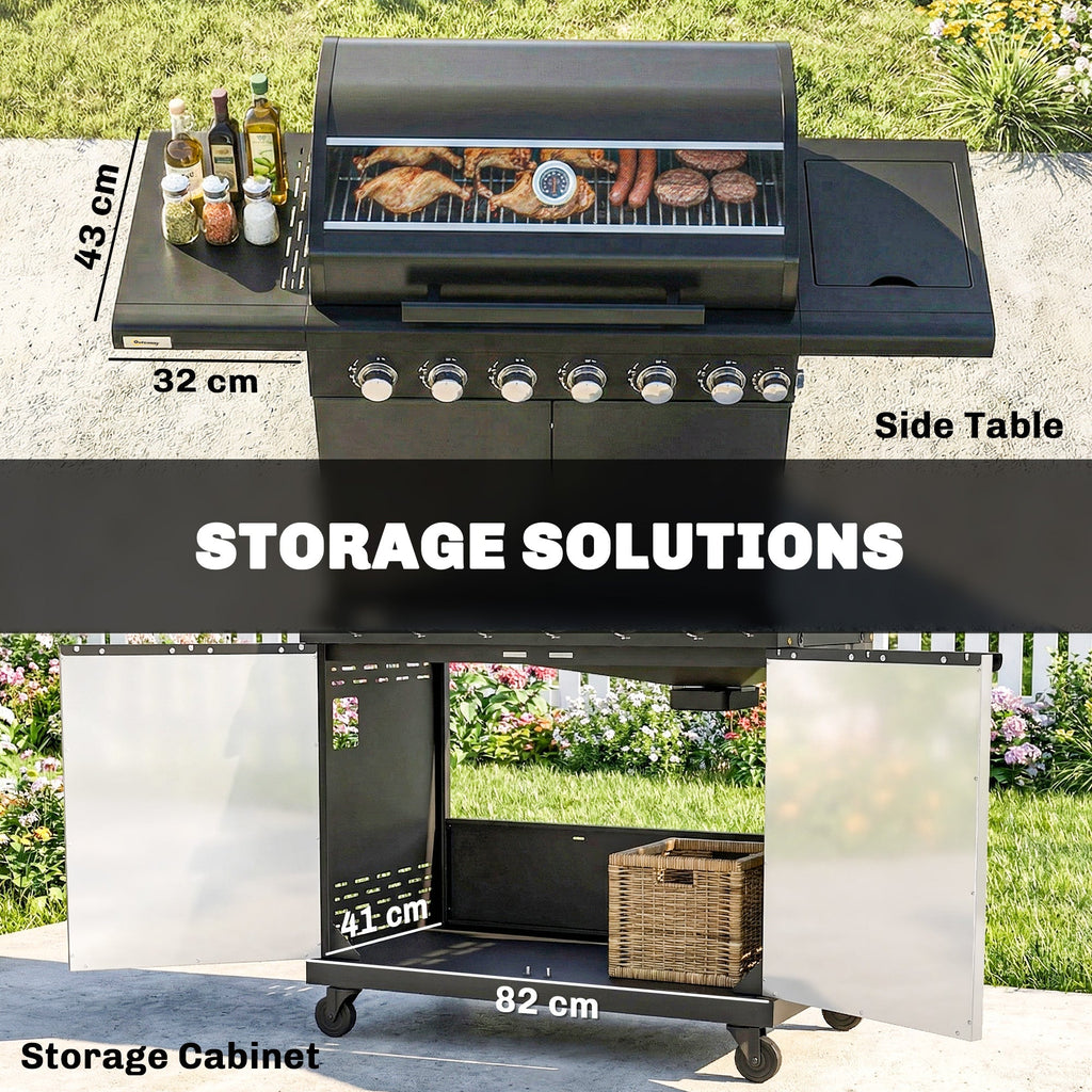 Outsunny 6+1 Burner Gas BBQ Grill, Outdoor Barbecue Trolley with Wheels, Warming Rack, Thermometer, Bottle Opener, Black - SGP Garden Ltd